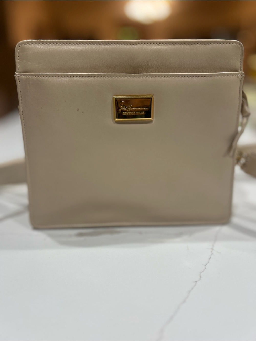 Fred Hayman Beverly Hills VINTAGE Cream Structured Shoulder Bag with Gold Plaque